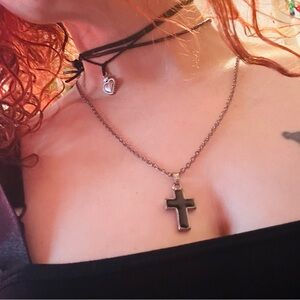 CROSS MY HEART Vintage 90s Black Enamel Cross Pendant + Chain